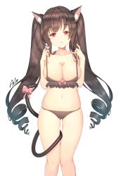 Rule 34 | 1girl, aile (crossroads), animal ears, artist name, bad id, bad pixiv id, bare arms, bare shoulders, between legs, black bra, black panties, bow, bow bra, bra, breasts, brown hair, bust cup, cat ears, cat girl, cat tail, cleavage, closed mouth, collarbone, gluteal fold, hands up, head tilt, large breasts, long hair, looking at viewer, navel, original, panties, pink bow, red eyes, ringlets, sidelocks, simple background, solo, tail, tail between legs, tail bow, tail ornament, thigh gap, twintails, underwear, underwear only, very long hair, white background