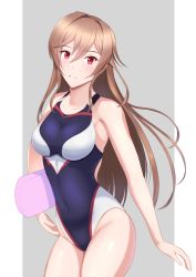 Rule 34 | 1girl, absurdres, breasts, brown hair, commentary request, competition swimsuit, cowboy shot, furen e lustario, grey background, hair between eyes, highres, kickboard, long hair, looking at viewer, medium breasts, multicolored clothes, multicolored swimsuit, nijisanji, one-piece swimsuit, red eyes, solo, standing, swimsuit, two-tone background, virtual youtuber, yamamoto magoroku
