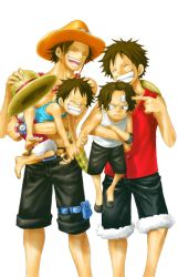 Rule 34 | 4boys, bandages, brothers, carrying, dual persona, hat, kara (acluf-0156), male focus, monkey d. luffy, multiple boys, one piece, portgas d. ace, siblings, smile, time paradox, aged down