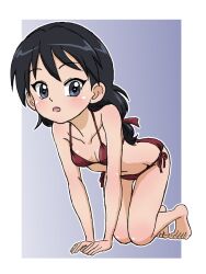 Rule 34 | 1girl, all fours, bare shoulders, barefoot, bikini, black eyes, black hair, blue background, blush, border, breasts, commentary, girls und panzer, hair ribbon, halterneck, kubota rin, long hair, looking at viewer, low-tied long hair, navel, open mouth, outline, petite, red bikini, red ribbon, ribbon, side-tie bikini bottom, small breasts, solo, spaghetti strap, swimsuit, takahashi kurage, white border, white outline