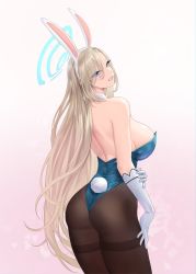 Rule 34 | 1girl, animal ears, aqua leotard, artist name, ass, asuna (blue archive), asuna (bunny) (blue archive), back, bare shoulders, blue archive, blue eyes, blue leotard, breasts, detached collar, fake animal ears, from behind, gabriel carrasquillo, gloves, gradient background, hair between eyes, hair over one eye, halo, highleg, highleg leotard, highres, large breasts, leotard, light brown hair, long hair, looking at viewer, median furrow, official alternate costume, pantyhose, parted lips, playboy bunny, rabbit ears, rabbit tail, sideboob, smile, solo, strapless, strapless leotard, tail, thighband pantyhose, thighs, very long hair, white gloves