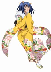 Rule 34 | 00s, 1girl, bashoku youjou, blue hair, female focus, floral print, flower, furisode, hair ornament, ikkitousen, japanese clothes, kimono, short twintails, simple background, solo, tabi, twintails, white background