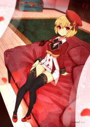 Rule 34 | 1girl, black thighhighs, blonde hair, borrowed character, breasts, card, chest (furniture), closed mouth, collar, commentary, commission, dress, english commentary, fanbox username, full body, hat, highres, indoors, long sleeves, looking at viewer, mary janes, medium breasts, microdress, necktie, on bed, original, red eyes, red footwear, red hat, rug, shoes, short hair, sitting, smile, solo, thighhighs, three of diamonds, tiara mitsubishi (mei nanita), trumpart (monster girl encyclopedia), virus-g, wooden floor