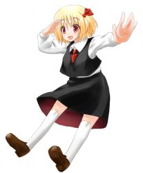 Rule 34 | 1girl, blonde hair, embodiment of scarlet devil, female focus, foreshortening, hair ribbon, hiraga matsuri, hirasato, outstretched arms, red eyes, ribbon, rumia, short hair, solo, spread arms, touhou