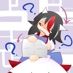 Rule 34 | 1girl, ?, arrow (symbol), black hair, bow, chibi, confused, dress, hiyori (higanahannnti), horns, kijin seija, map, multicolored hair, open mouth, red eyes, red hair, short hair, short sleeves, solo, streaked hair, touhou, white hair