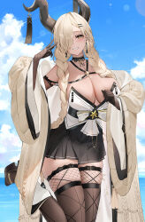 Rule 34 | 1girl, asymmetrical bangs, azur lane, black horns, blonde hair, braid, breasts, brown horns, cardigan, cleavage, dark-skinned female, dark skin, fishnet gloves, fishnets, gloves, hair over one eye, highres, horn ornament, horns, large breasts, large horns, long bangs, long hair, looking at viewer, low twin braids, mole, mole under mouth, one eye covered, outdoors, owari (azur lane), qing wu, ribbed cardigan, smile, solo, strapless kimono, twin braids, yellow eyes