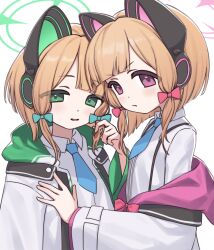 Rule 34 | 2girls, absurdres, animal ear headphones, animal ears, aruruaaaa, blonde hair, blue archive, blush, bow, closed mouth, collared shirt, fake animal ears, green bow, green eyes, green halo, hair bow, halo, headphones, highres, jacket, long sleeves, midori (blue archive), momoi (blue archive), multiple girls, open clothes, open jacket, open mouth, pink halo, red bow, red eyes, shirt, short hair, siblings, simple background, sisters, smile, twins, white background, white jacket, white shirt
