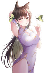 Rule 34 | 1girl, arm up, armpits, atago (azur lane), azur lane, bad id, bad pixiv id, bare arms, bare shoulders, breasts, brown eyes, brown hair, bug, butterfly, china dress, chinese clothes, cleavage, cleavage cutout, closed mouth, clothing cutout, cowboy shot, doroshi, dress, hand up, highres, index finger raised, insect, large breasts, long hair, looking at viewer, pelvic curtain, simple background, sleeveless, sleeveless dress, smile, solo, standing, thighs, very long hair, white background, white dress