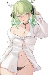 Rule 34 | 1girl, absurdres, antlers, black choker, black panties, branch, breasts, ceres fauna, choker, chyraliss, flower, glasses, gluteal fold, green hair, hair flower, hair ornament, hair ribbon, heart, heart-shaped pupils, highres, hololive, hololive english, horns, lace, large breasts, leaf, lingerie, long hair, naked shirt, navel, open mouth, panties, partially unbuttoned, ribbon, shirt, simple background, single bare shoulder, solo, stomach, symbol-shaped pupils, tongue, tongue out, two side up, underwear, virtual youtuber, wavy hair, white background, white shirt, yellow eyes