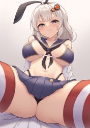 Rule 34 | 1girl, ahoge, animal ears, ass, b.c, bare shoulders, bikini, bikini top only, black hairband, black panties, blue eyes, blush, braid, breasts, closed mouth, cosplay, fake animal ears, female focus, gloves, gradient background, hair ornament, hairband, highres, kantai collection, kizuna akari, large breasts, long hair, looking at viewer, microskirt, miniskirt, mole, mole on breast, navel, paid reward available, panties, rabbit ears, sailor collar, shimakaze (kancolle), shimakaze (kancolle) (cosplay), silver hair, skirt, smile, solo, spread legs, stomach, striped clothes, striped thighhighs, swimsuit, symbol-shaped pupils, thighhighs, thighs, thong, underwear, very long hair, voiceroid
