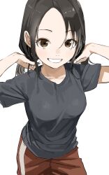 Rule 34 | 1girl, absurdres, black hair, breasts, brown eyes, brown pants, collarbone, commentary request, cowboy shot, forehead, grey shirt, grin, hands up, highres, long hair, looking at viewer, original, pants, parted bangs, shirt, short sleeves, simple background, small breasts, smile, solo, standing, white background, yamamoto souichirou