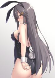 Rule 34 | 1girl, akahi242, animal ears, ass, bare legs, black hair, black leotard, bow, bowtie, breasts, covered navel, cowboy shot, detached collar, fake animal ears, fake tail, gradient background, grey background, haruna (kancolle), highres, kantai collection, leotard, long hair, looking at viewer, looking back, medium breasts, playboy bunny, rabbit ears, rabbit tail, solo, strapless, strapless leotard, tail, wrist cuffs, yellow eyes