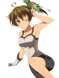 Rule 34 | 1girl, ahoge, armpits, asymmetrical gloves, black shorts, bow, breasts, brown hair, chiharu (9654784), cleavage, collarbone, gloves, green bow, green eyes, grey shirt, grin, hair bow, highres, leg up, long hair, looking at viewer, medium breasts, one eye closed, original, shirt, short shorts, shorts, side ponytail, simple background, single glove, sleeveless, sleeveless shirt, smile, solo, uneven gloves, w, white background, white gloves