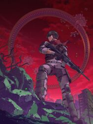 Rule 34 | 1boy, assault rifle, earth defense force, earth defense force 6, gloves, goggles, gun, helmet, highres, male focus, military, military uniform, minato (getto m), outdoors, ranger (edf), red sky, rifle, ruins, scarf, sky, uniform, weapon