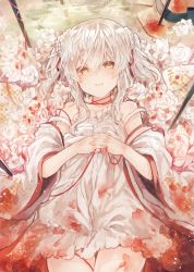 Rule 34 | 1girl, commentary request, cowboy shot, detached sleeves, dress, flower, hair between eyes, hair ribbon, highres, ikeuchi tanuma, interlocked fingers, long sleeves, looking at viewer, multicolored hair, needle, original, own hands together, parted lips, red ribbon, ribbon, rose, sidelocks, silver hair, sleeveless, sleeveless dress, solo, strap slip, string, string of fate, thigh gap, two-tone hair, white dress, white flower, white rose, white sleeves, wide sleeves