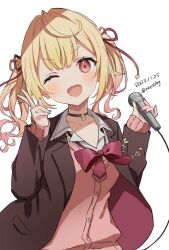 Rule 34 | 1girl, black jacket, blazer, blonde hair, blue nails, blush, bow, bowtie, cardigan, choker, collared shirt, commentary request, dated, dot nose, h (eitilog), hair ribbon, hands up, holding, holding microphone, hoshikawa sara, hoshikawa sara (4th costume), jacket, long hair, looking at viewer, microphone, multicolored nails, nail polish, nijisanji, official alternate costume, one eye closed, open clothes, open jacket, open mouth, pink cardigan, pink nails, red bow, red bowtie, red eyes, red ribbon, ribbon, school uniform, shirt, simple background, sleeves past wrists, smile, solo, twintails, twitter username, upper body, v, v-shaped eyebrows, virtual youtuber, white background, white shirt