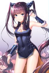 Rule 34 | 1girl, absurdres, arm behind head, arm up, armpits, bare shoulders, black dress, blue eyes, blunt bangs, blush, breasts, china dress, chinese clothes, cleavage, closed mouth, detached sleeves, dress, fage, fate/grand order, fate (series), floral print, flower, gradient background, grey background, hair ornament, highres, huge filesize, leaf hair ornament, long hair, looking at viewer, medium breasts, purple hair, sidelocks, smile, solo, thighs, twintails, very long hair, yang guifei (fate), yang guifei (second ascension) (fate)