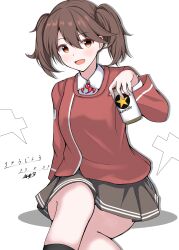 Rule 34 | 1girl, abataa, absurdres, beer can, black socks, brown eyes, brown hair, brown skirt, can, collared shirt, copyright name, dress shirt, drink can, feet out of frame, highres, holding, japanese clothes, kantai collection, kariginu, long hair, looking at viewer, magatama, overshirt, pleated skirt, red shirt, ryuujou (kancolle), sapporo beer, shikigami, shirt, simple background, skirt, socks, solo, twintails, white background, white shirt