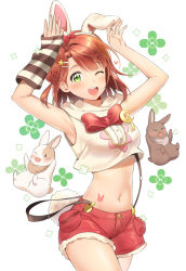 Rule 34 | 1girl, ;), animal ears, animal print, arm warmers, artist name, artist request, bare legs, bare shoulders, blush, bow, bowtie, braid, braided bun, breasts, buttons, cowboy shot, crescent moon, crescent moon symbol, cropped vest, detached sleeves, exciting animal (love live!), fake animal ears, female focus, fur-trimmed shorts, fur trim, green eyes, hair bow, hair bun, hair ornament, hairband, hood, hooded vest, hoodie, looking at viewer, love live!, love live! nijigasaki high school idol club, love live! school idol festival, love live! school idol festival all stars, moon, one eye closed, orange hair, pants, parted lips, pink bow, pink shirt, rabbit, rabbit ears, rabbit pose, rabbit print, rabbit tail, red bow, red hair, red shorts, shirt, short hair, short pants, short shorts, shorts, side bun, single detached sleeve, single side bun, sleeveless, sleeveless hoodie, smile, solo, sta (stang 1111), stang 1111, star (symbol), star hair ornament, striped clothes, striped shirt, suspender shorts, suspenders, tail, uehara ayumu, vest, white background, white hairband, white hoodie, white legwear, white vest, wink, yellow eyes