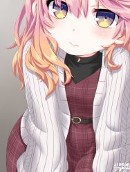 Rule 34 | 1girl, artist name, belt, blush, casual, closed mouth, commentary request, dd (ijigendd), dress, gradient hair, grey background, highres, kantai collection, long sleeves, looking at viewer, mole, mole under eye, multicolored hair, orange hair, pink hair, plaid, plaid dress, purple eyes, shirt, sidelocks, simple background, solo, sweater, tsushima (kancolle), yellow eyes