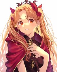 Rule 34 | 1girl, bad id, bad twitter id, black dress, black headwear, blonde hair, cape, commentary, dress, earrings, ereshkigal (fate), fate/grand order, fate (series), grin, hair ribbon, hand on own chest, highres, holding, hood, hood down, hooded cape, infinity symbol, jewelry, long hair, looking at viewer, lq saku, parted bangs, red cape, red eyes, red ribbon, ribbon, simple background, skull, smile, solo, sparkle, spine, tiara, two side up, upper body, white background