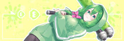 Rule 34 | 1girl, :3, black pants, blush, bow, braid, breasts, chitetan, closed mouth, commentary request, dutch angle, dynamo roller (splatoon), green eyes, green hair, green jacket, hair between eyes, hair bow, holding, hood, hood up, hooded jacket, jacket, long sleeves, medium breasts, nintendo, original, outline, pants, pink bow, puffy long sleeves, puffy sleeves, sleeves past wrists, solo, splatoon (series), two-handed, white outline