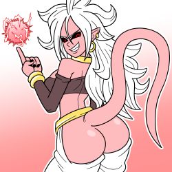 Rule 34 | &gt;:d, 1girl, :d, alternate form, android 21, ass, ass cutout, bandeau, black sclera, butt crack, clothing cutout, colored sclera, colored skin, dragon ball, dragon ball fighterz, electricity, energy, energy ball, fang, harem pants, majin android 21, monster, monster girl, nail polish, open mouth, pants, pink skin, pointy ears, red eyes, smile, solo, tail, teeth, v-shaped eyebrows, white hair