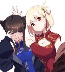Rule 34 | 2girls, alternate costume, arm at side, asymmetrical docking, bare shoulders, black hair, blonde hair, blue dress, blush, bob cut, breast press, breasts, bright pupils, china dress, chinese clothes, cleavage, cleavage cutout, closed mouth, clothing cutout, commentary request, cone hair bun, double bun, dress, hair bun, hand up, highres, hyoe (hachiechi), inoue takina, large breasts, looking at another, looking at viewer, lycoris recoil, multiple girls, nishikigi chisato, one side up, playing with own hair, puckered lips, purple eyes, red dress, red eyes, short hair, sidelocks, simple background, sleeveless, sleeveless dress, split mouth, upper body, w, white background, white pupils