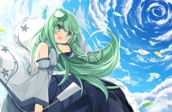 Rule 34 | 1girl, bare shoulders, blue sky, cloud, day, detached sleeves, frog hair ornament, gohei, green eyes, green hair, hair ornament, kochiya sanae, long hair, long sleeves, matching hair/eyes, oonusa, open mouth, shirt, skirt, sky, smile, snake hair ornament, solo, touhou, very long hair, wide sleeves, yuuhagi (amaretto-no-natsu)