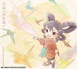 1girl absurdres album_cover black_hair cover full_body hair_rings highres japanese_clothes kimono long_hair looking_up mizura official_art open_mouth origami paper_crane purple_eyes red_kimono sakuna-hime sandals smile solo tensui_no_sakuna-hime