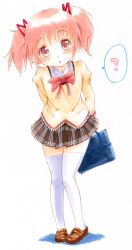 Rule 34 | 10s, 1girl, ?, arms behind back, bag, black skirt, bow, colored pencil (medium), hair ribbon, highres, kaname madoka, leaning forward, looking at viewer, mahou shoujo madoka magica, mahou shoujo madoka magica (anime), marker (medium), miniskirt, pigeon-toed, pink eyes, pink hair, plaid, plaid skirt, pleated skirt, puffy sleeves, ribbon, school bag, school uniform, short twintails, skirt, solo, thighhighs, traditional media, twintails, uniform, watayuki, white background, white thighhighs