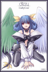 1girl arc_system_works asymmetrical_wings blue_hair choker dizzy_(guilty_gear) guilty_gear hair_ribbon kneeling long_hair orebalgum red_eyes ribbon tail tail_ornament tail_ribbon thighhighs wings