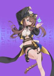 1girl ;d ankh arknights arm_up black_footwear black_jacket black_shorts blue_eyes brown_hair brown_tail chinese_commentary commentary crop_top cropped_jacket crystal enaga_(bilibili_5713976) flower foot_out_of_frame hand_up head_chain hieroglyphics highres hood hood_up hooded_jacket infection_monitor_(arknights) jacket jewelry leg_up long_hair long_sleeves looking_at_viewer navel no_socks o-ring o-ring_thigh_strap one_eye_closed open_clothes open_jacket open_mouth pepe_(arknights) purple_background sandals shorts smile solo standing standing_on_one_leg tail tail_ornament tail_ring thigh_strap toeless_footwear toes white_flower yellow_jacket