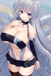 Rule 34 | animal ears, asamura hiori, azur lane, bare shoulders, breasts, bridal gauntlets, choker, cleavage, collarbone, covered erect nipples, cowboy shot, fox ears, fox tail, gloves, grey hair, highres, huge breasts, long hair, looking at viewer, microskirt, multiple tails, navel, official alternate costume, open mouth, panty straps, purple eyes, race queen, see-through, shinano (azur lane), shinano (moonlit chrome) (azur lane), single glove, skirt, tail, thighhighs, very long hair