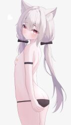 Rule 34 | 1girl, animal ears, blush, bow, character request, copyright request, fox ears, highres, light blush, long hair, looking down, parted lips, red eyes, simple background, sirotuki ito, solo, stomach, thigh gap, thighs, very long hair, white background, white hair