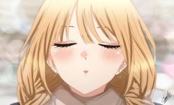 Rule 34 | 1girl, beige scarf, blonde hair, blurry, blurry background, blush, braid, brown jacket, closed eyes, earrings, eyebrows hidden by hair, highres, incoming kiss, jacket, jewelry, kiss, kitagawa marin, laillnii, long hair, looking at viewer, multicolored hair, multiple piercings, outdoors, piercing, pink hair, scarf, signature, solo, sono bisque doll wa koi wo suru, stud earrings, turning head, twin braids, twintails, two-tone hair