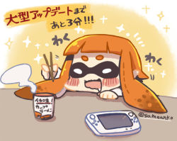 Rule 34 | 1girl, :d, blush, chopsticks, collared shirt, game console, gradient background, hat, inkling, inkling girl, inkling player character, long hair, nintendo, open mouth, orange hair, pointy ears, same anko, shirt, smile, solo, sparkle, splatoon (series), splatoon 1, squid, tentacle hair, translation request, twitter username, wavy mouth, wii u
