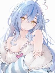 Rule 34 | 1girl, ahoge, bare shoulders, blue hair, blue jacket, camisole, closed mouth, commentary request, frilled camisole, frills, hair between eyes, hair ornament, hairclip, head tilt, heart, heart ahoge, highres, holding own arm, hololive, jacket, kumono nnn, looking at viewer, off shoulder, official alternate costume, polka dot camisole, simple background, smile, solo, strap slip, striped clothes, striped jacket, upper body, virtual youtuber, white background, white camisole, white stripes, yellow eyes, yukihana lamy, yukihana lamy (loungewear)