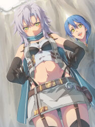 2girls belt_pouch black_gloves blue_hair blush breasts chiharu_(9654784) crop_top cropped_jacket curtains double-parted_bangs eiyuu_densetsu elbow_gloves embarrassed fie_claussell gloves green_eyes hair_between_eyes highres laura_s._arseid long_hair looking_at_viewer multiple_girls navel open_mouth peeking_out pouch scarf sen_no_kiseki sen_no_kiseki_(series) sen_no_kiseki_i sen_no_kiseki_iii sidelocks small_breasts smile strap thigh_strap white_hair yellow_eyes