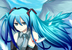 Rule 34 | 1girl, aqua hair, aqua necktie, bad id, bad pixiv id, blue eyes, closed mouth, detached sleeves, expressionless, feathers, harano, hatsune miku, headgear, jitome, long hair, long sleeves, looking at viewer, necktie, solo, tattoo, twintails, very long hair, vocaloid