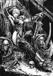 Rule 34 | arm over head, armor, armpits, bare shoulders, boots, breasts, choker, elbow gloves, gauntlets, gloves, greyscale, highres, isabella valentine, large breasts, monochrome, short hair, shoulder armor, shoulder pads, sitting, sitting on object, skull, smile, solo, soul calibur, soulcalibur, soulcalibur iii, stjepan sejic, sword, thigh boots, thighhighs, treasure, weapon