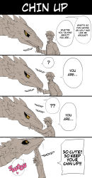 Rule 34 | 1boy, 1girl, ?, ??, dragon, english text, hard-translated, heart, highres, monochrome, sanzo, speech bubble, spot color, text focus, third-party edit, translated, white background