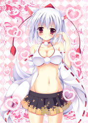 Rule 34 | 1girl, :o, animal ears, bikini, bikini top only, blush, breasts, checkered background, cleavage, detached sleeves, dog ears, exe (artist), female focus, groin, hat, heart, inubashiri momiji, large breasts, leaf, leaf print, looking at viewer, midriff, miniskirt, navel, open mouth, pom pom (clothes), red eyes, short hair, skirt, solo, swimsuit, tail, touhou, underboob, white hair, wolf ears, wolf tail, xe (execut3r)