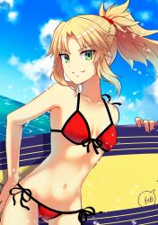 Rule 34 | 1girl, absurdres, bare shoulders, beach, beni8h, bikini, blonde hair, blue sky, breasts, cloud, cloudy sky, commentary request, fate/grand order, fate (series), green eyes, highres, holding, holding surfboard, looking at viewer, midriff, mordred (fate), mordred (fate) (all), mordred (fate/apocrypha), mordred (swimsuit rider) (fate), navel, ocean, red bikini, sky, small breasts, smile, solo, splashing, surfboard, swimsuit