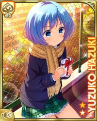 Rule 34 | 1girl, blue eyes, blue hair, card (medium), chain-link fence, character name, closed mouth, coat, day, fence, girlfriend (kari), green neckwear, green skirt, hazuki yuzuko, official art, outdoors, plaid, plaid skirt, pout, qp:flapper, rooftop, scarf, school, school uniform, shirt, shoes, short hair, sitting, skirt, socks, solo, sunset, sweater vest, tagme, valentine, white shirt, winter clothes, winter coat