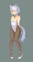 Rule 34 | 1girl, animal ears, aqua eyes, arms behind back, bare shoulders, bell, black pantyhose, blush, breasts, cameltoe, cat ears, cat girl, cat tail, cleavage, collar, covered navel, eyes visible through hair, falcom, hair over one eye, highres, kittysuit, leotard, looking at viewer, navel, nipples, nontraditional playboy bunny, pantyhose, pixiv id 44647761, playboy bunny, short hair, silver hair, simple background, small breasts, solo, standing, tail, thick thighs, thighs, white cat (ys), white footwear, ys, ys ix monstrum nox