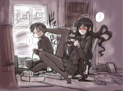 Rule 34 | ..., 1boy, 1girl, aizawa yoshihiko, anger vein, angry, black hair, black pantyhose, blazer, blunt bangs, blush, bookshelf, clenched teeth, controller, d:, feet, female protagonist (houkago play), full body, gakuran, game controller, gamepad, green eyes, height difference, holding, houkago play, indoors, jacket, kicking, long hair, long sleeves, male protagonist (houkago play), motion lines, necktie, no shoes, nose blush, open mouth, pantyhose, playing games, pleated skirt, school uniform, shirt, short hair, sitting, sketch, skirt, spoken ellipsis, teeth, very long hair, video game, wing collar