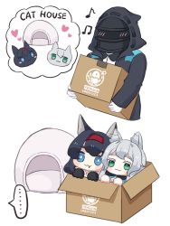 Rule 34 | ..., 1other, 2girls, :3, ambiguous gender, animal ear fluff, animal ears, animalization, arknights, black gloves, black hair, black jacket, blaze (arknights), blue eyes, blush, box, cardboard box, cat ears, chibi, commentary, english text, fang, gloves, green eyes, grey hair, hairband, holding, holding box, hood, hood up, in box, in container, jacket, mask, multiple girls, musical note, penguin logistics logo, red hairband, rosmontis (arknights), simple background, smug, someyaya, spoken ellipsis, white background, white gloves