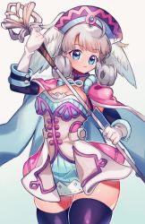 Rule 34 | 1girl, black thighhighs, blue eyes, breasts, cape, cleavage, cowboy shot, dress, gloves, hat, head wings, highres, holding, holding staff, looking at viewer, medium breasts, melia antiqua, nintendo, short dress, silver hair, simple background, skindentation, solo, staff, thighhighs, white background, white gloves, wings, xenoblade chronicles (series), xenoblade chronicles 1, yagi (kyuhyun), zettai ryouiki