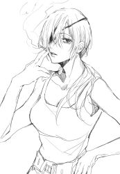 Rule 34 | 1girl, chainsaw man, cigarette, eyepatch, greyscale, hair over shoulder, hand on own hip, highres, holding, holding cigarette, long hair, looking at viewer, monochrome, parted lips, ponytail, qii yu, quanxi (chainsaw man), simple background, smoke, smoking, solo, tank top, white background